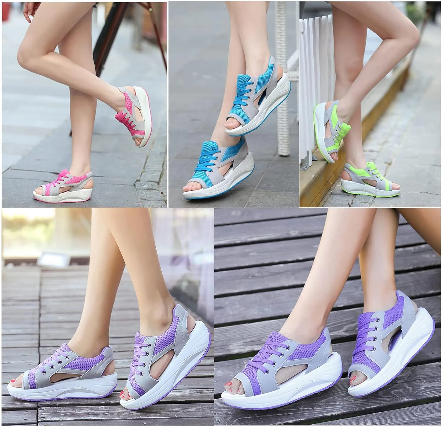 Contrast Paneled Cutout Lace-up Muffin Sandals, 2023 New Summer Causal Womens Sandals, Lace-Up Peep Toe Platform Wedge Sandals for Womens