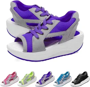 Contrast Paneled Cutout Lace-up Muffin Sandals, 2023 New Summer Causal Womens Sandals, Lace-Up Peep Toe Platform Wedge Sandals for Womens