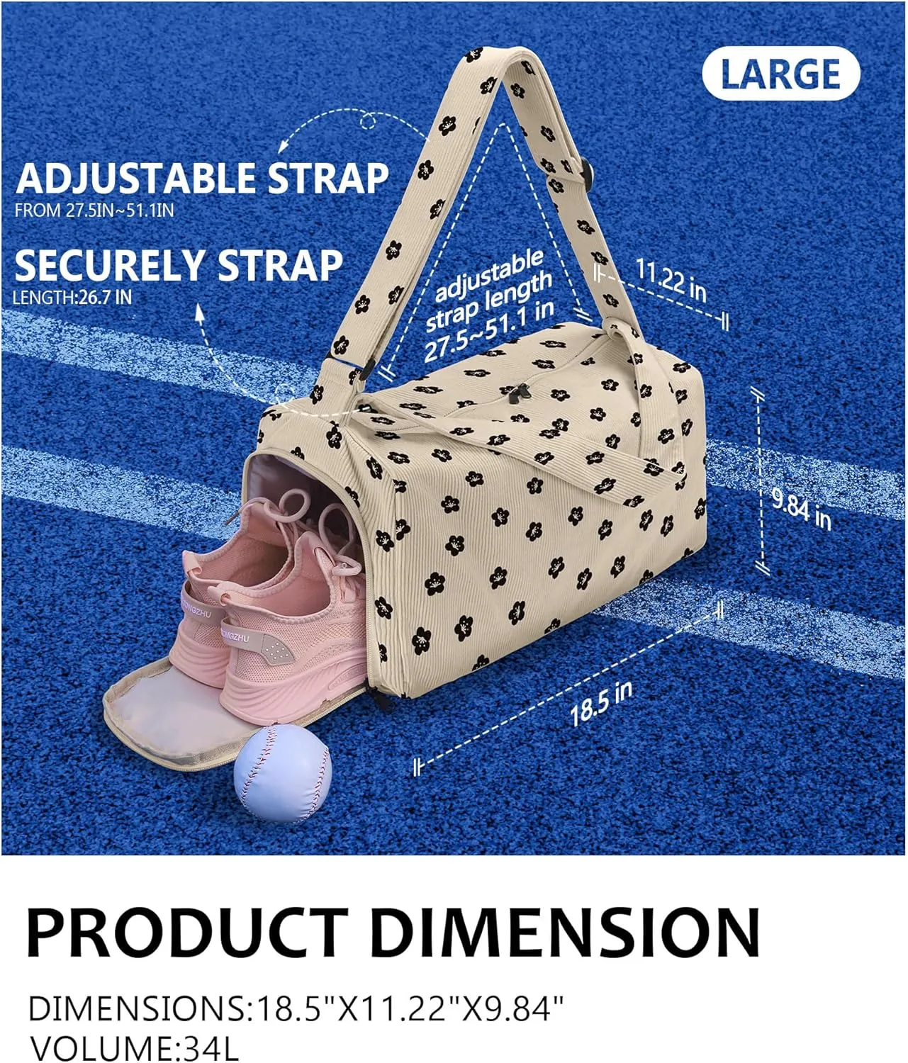 Corduroy Large Gym Bag for Women with Shoes Compartment, Stylish Duffle Travel Bag for Plane, Lightweight Duffle Bag for Women & Men, Sport Gym Tote Bag with Wet Pocket