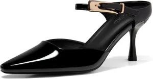 Coutgo Womens High Heels Mules Closed Pointed Toe Kitten Heel Pumps Ankle Buckle Strap Slip On Backless Dress Shoes