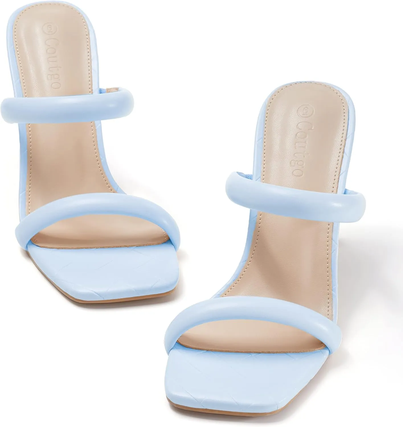 Coutgo Womens Square Open Toe Heeled Sandals Two Strap High Heel Backless Dress Slip On Mules