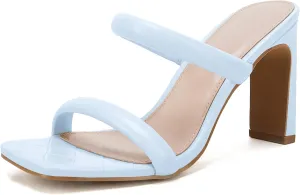 Coutgo Womens Square Open Toe Heeled Sandals Two Strap High Heel Backless Dress Slip On Mules
