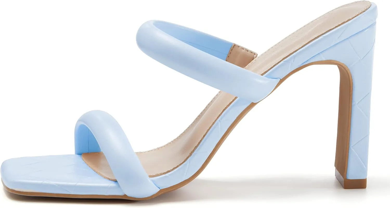 Coutgo Womens Square Open Toe Heeled Sandals Two Strap High Heel Backless Dress Slip On Mules