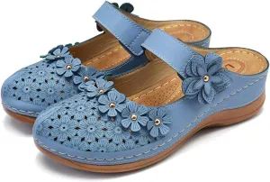 CrazycatZ Womens Summer Slipper PU Leather Comfort Mules Outdoor Beach Shoes Vintage Antil Slip Wedge Flowers Sandals Clogs