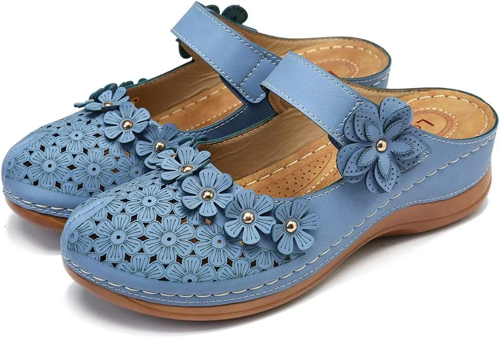 CrazycatZ Womens Summer Slipper PU Leather Comfort Mules Outdoor Beach Shoes Vintage Antil Slip Wedge Flowers Sandals Clogs