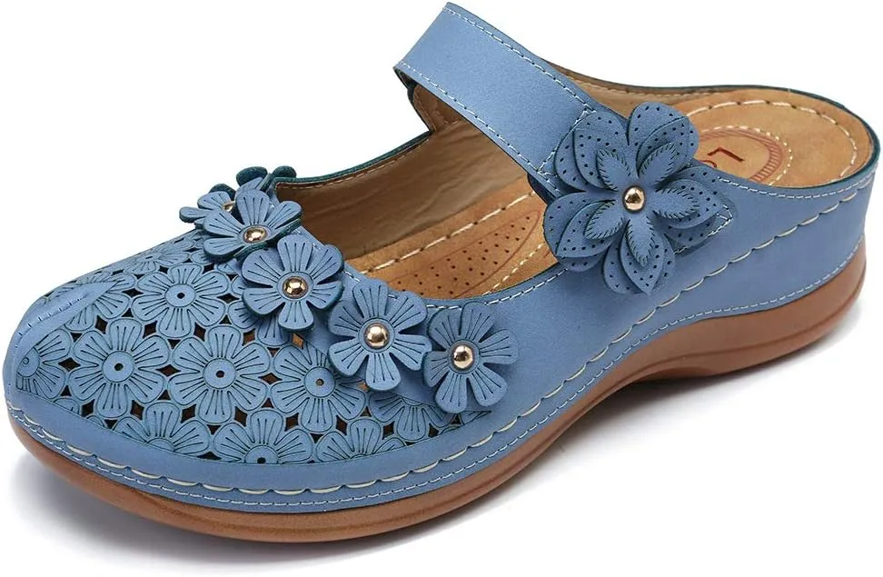 CrazycatZ Womens Summer Slipper PU Leather Comfort Mules Outdoor Beach Shoes Vintage Antil Slip Wedge Flowers Sandals Clogs