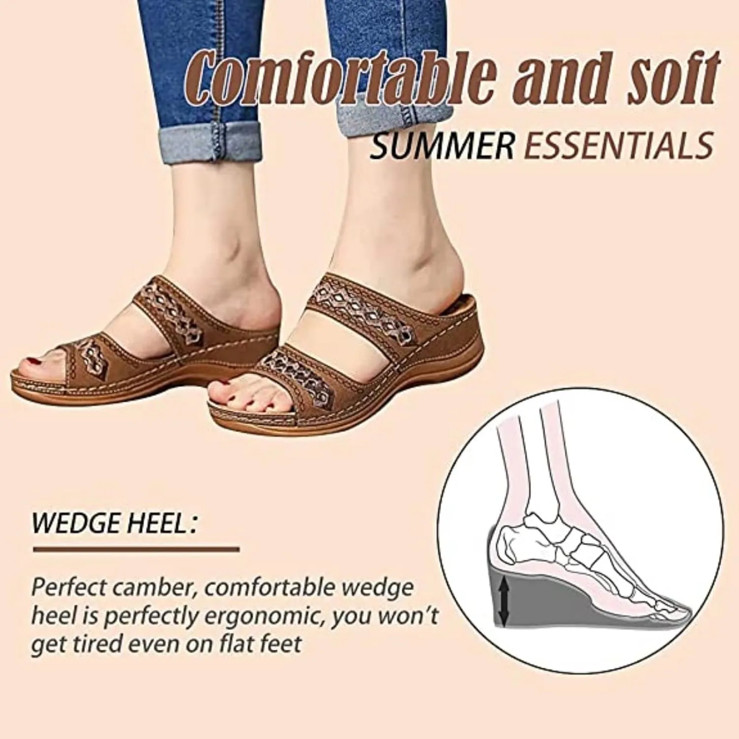 Crepuscute Women's Embroidered Wedge Perfectchose Arch Support Sandals,Slip On Opentoe Casual Comfortable Orthopedic Slippers Non-Slip Breathable Outdoor Walking Sandles