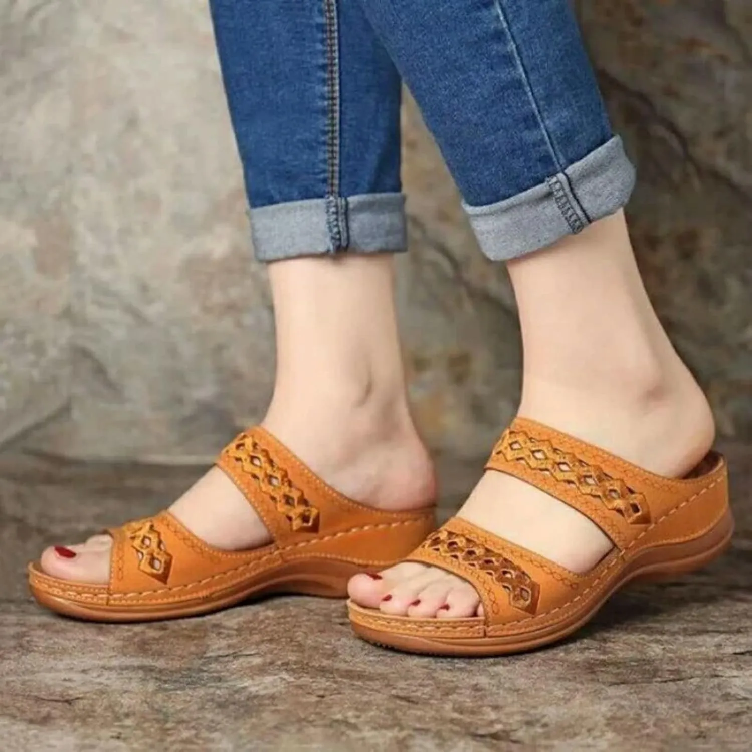 Crepuscute Women's Embroidered Wedge Perfectchose Arch Support Sandals,Slip On Opentoe Casual Comfortable Orthopedic Slippers Non-Slip Breathable Outdoor Walking Sandles