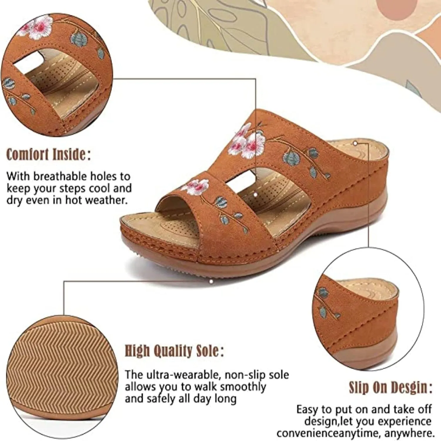 Crepuscute Women's Embroidered Wedge Perfectchose Arch Support Sandals,Slip On Opentoe Casual Comfortable Orthopedic Slippers Non-Slip Breathable Outdoor Walking Sandles
