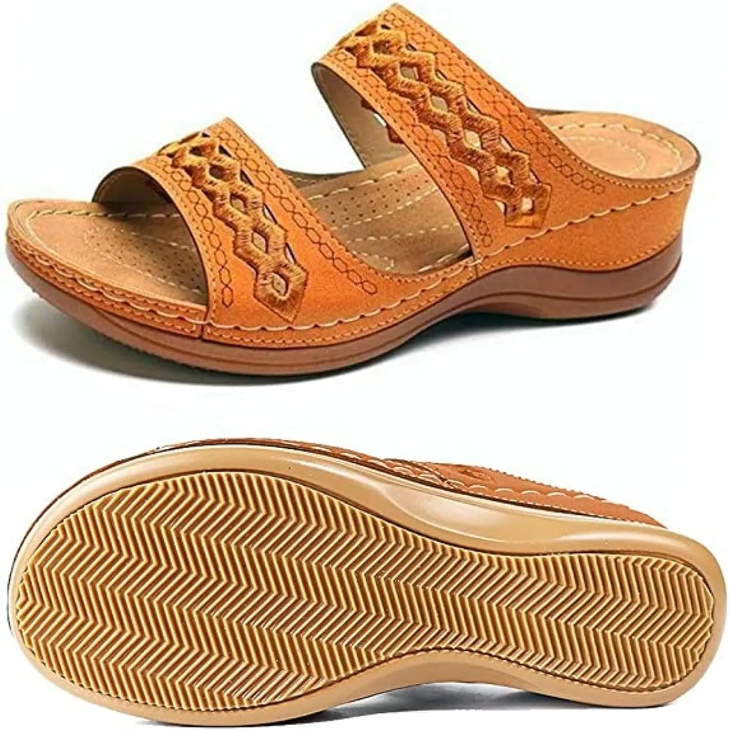 Crepuscute Women's Embroidered Wedge Perfectchose Arch Support Sandals,Slip On Opentoe Casual Comfortable Orthopedic Slippers Non-Slip Breathable Outdoor Walking Sandles