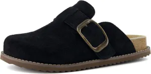 CUSHIONAIRE Women's Blain Genuine Suede Slip-On Clogs with   Memory Foam & Chic Buckle Mule - Comfortable, Non-Slip, Wide Widths Available
