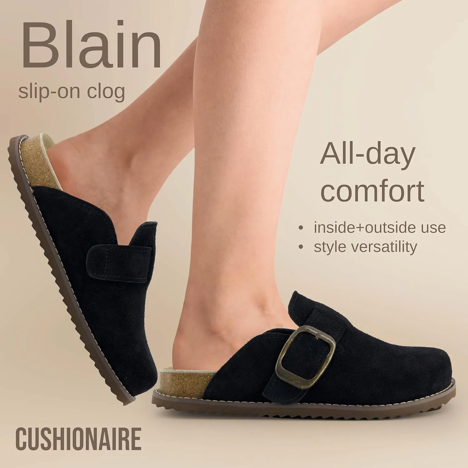 CUSHIONAIRE Women's Blain Genuine Suede Slip-On Clogs with   Memory Foam & Chic Buckle Mule - Comfortable, Non-Slip, Wide Widths Available