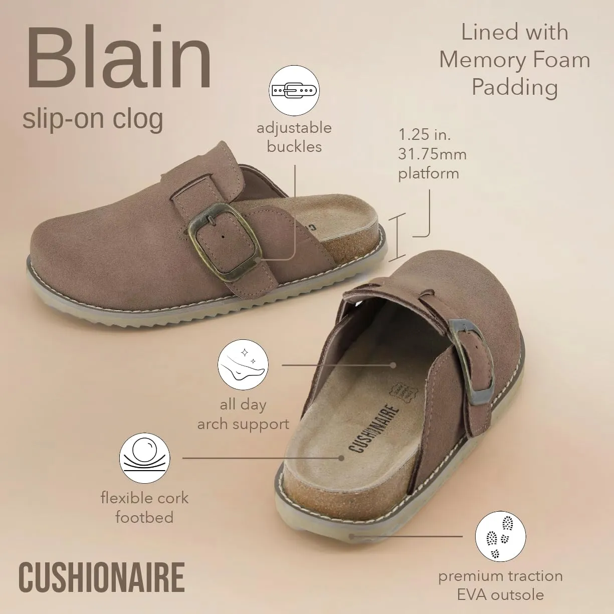 CUSHIONAIRE Women's Blain Genuine Suede Slip-On Clogs with   Memory Foam & Chic Buckle Mule - Comfortable, Non-Slip, Wide Widths Available