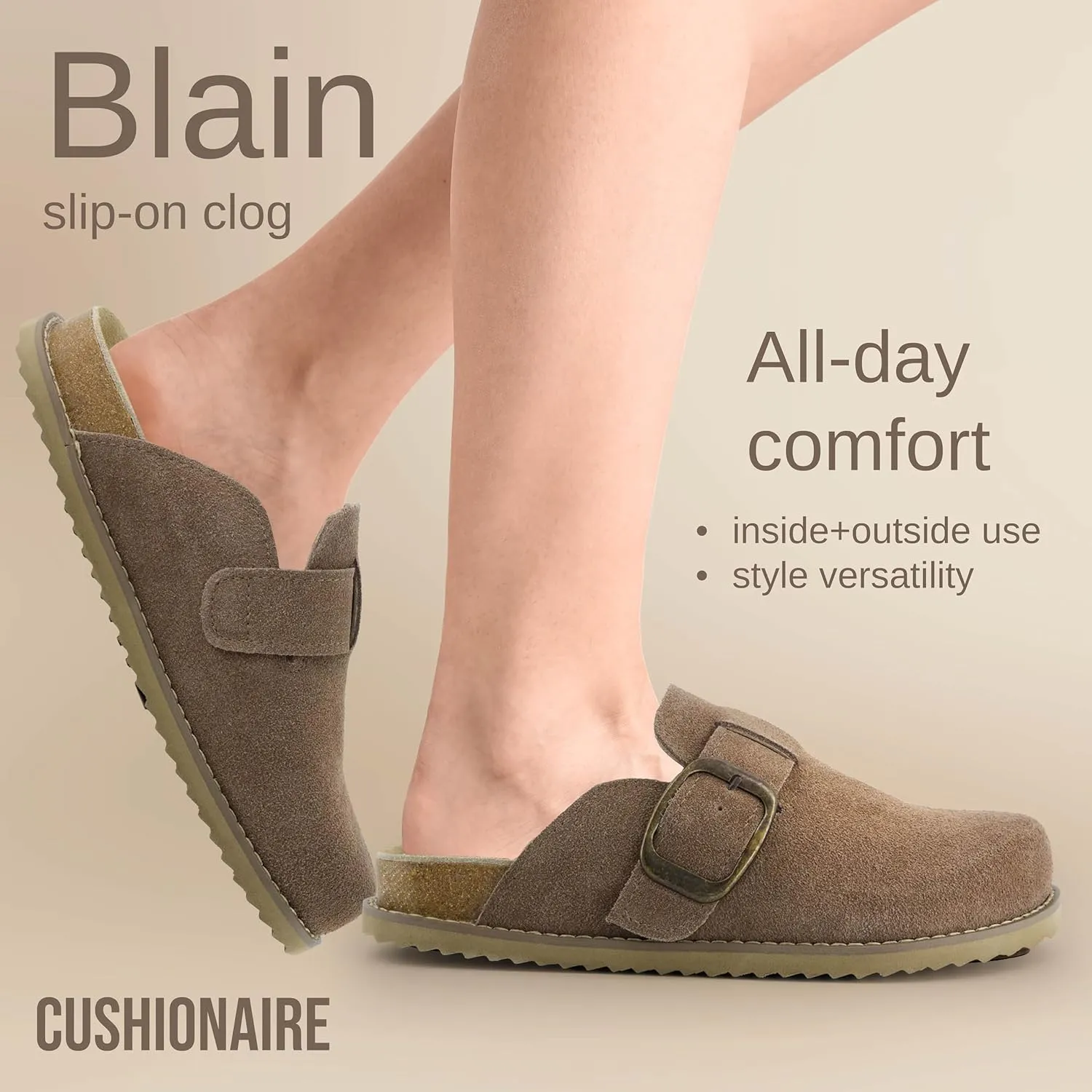 CUSHIONAIRE Women's Blain Genuine Suede Slip-On Clogs with   Memory Foam & Chic Buckle Mule - Comfortable, Non-Slip, Wide Widths Available