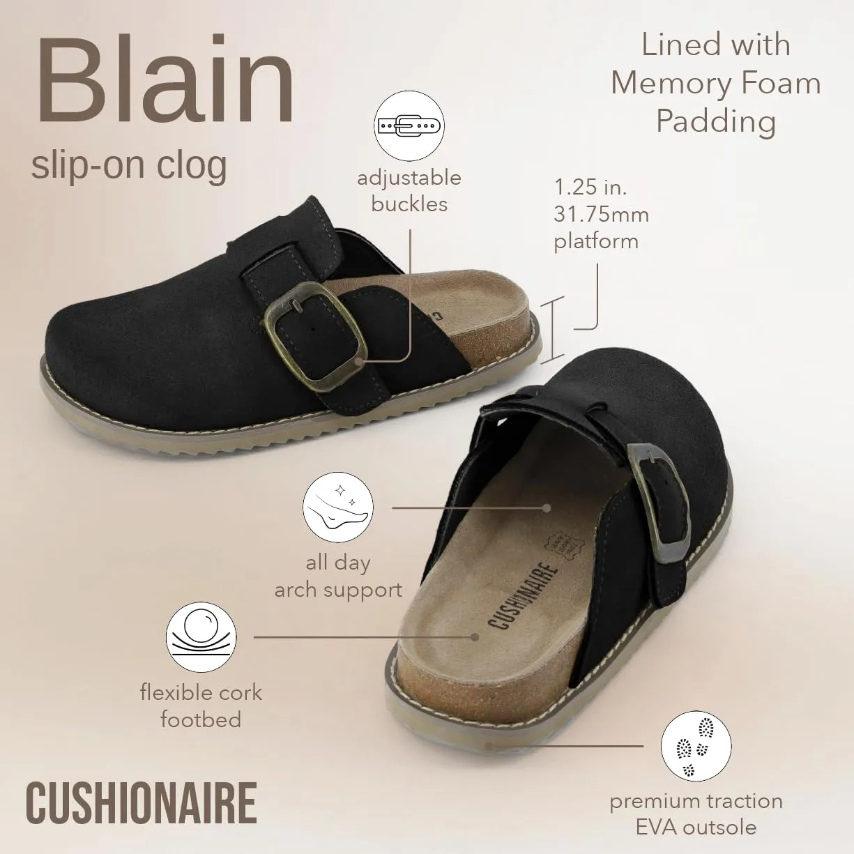 CUSHIONAIRE Women's Blain Genuine Suede Slip-On Clogs with   Memory Foam & Chic Buckle Mule - Comfortable, Non-Slip, Wide Widths Available