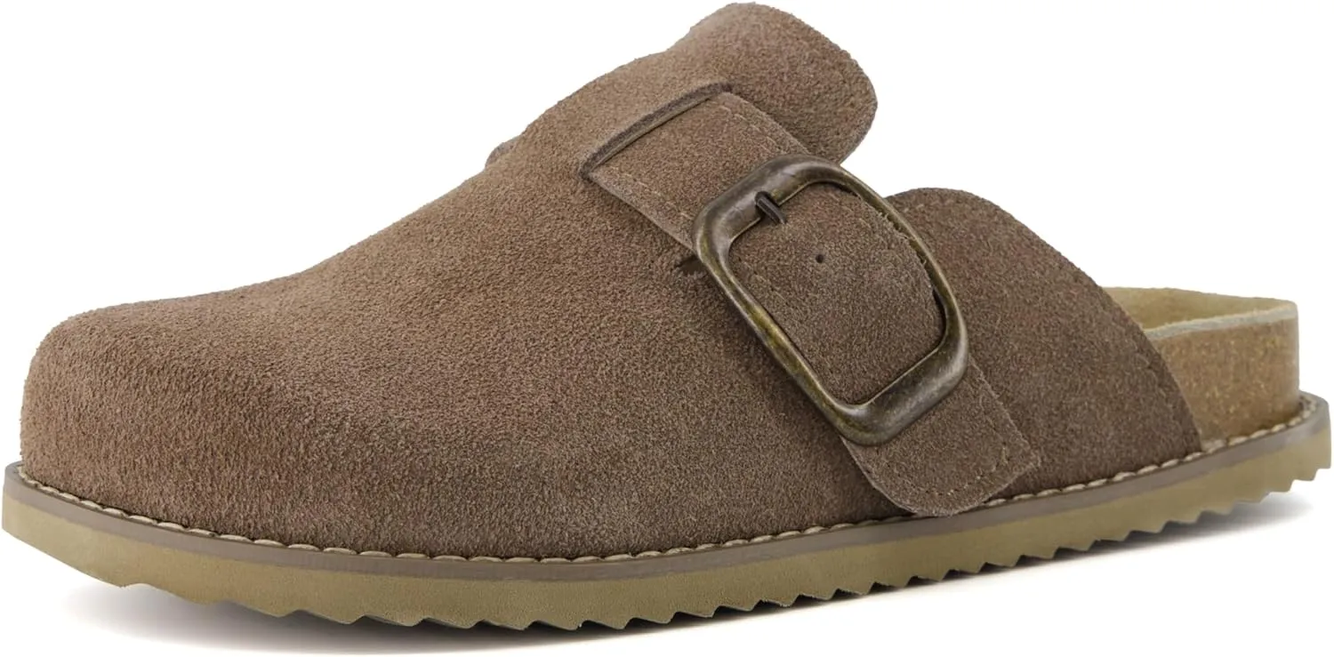 CUSHIONAIRE Women's Blain Genuine Suede Slip-On Clogs with   Memory Foam & Chic Buckle Mule - Comfortable, Non-Slip, Wide Widths Available