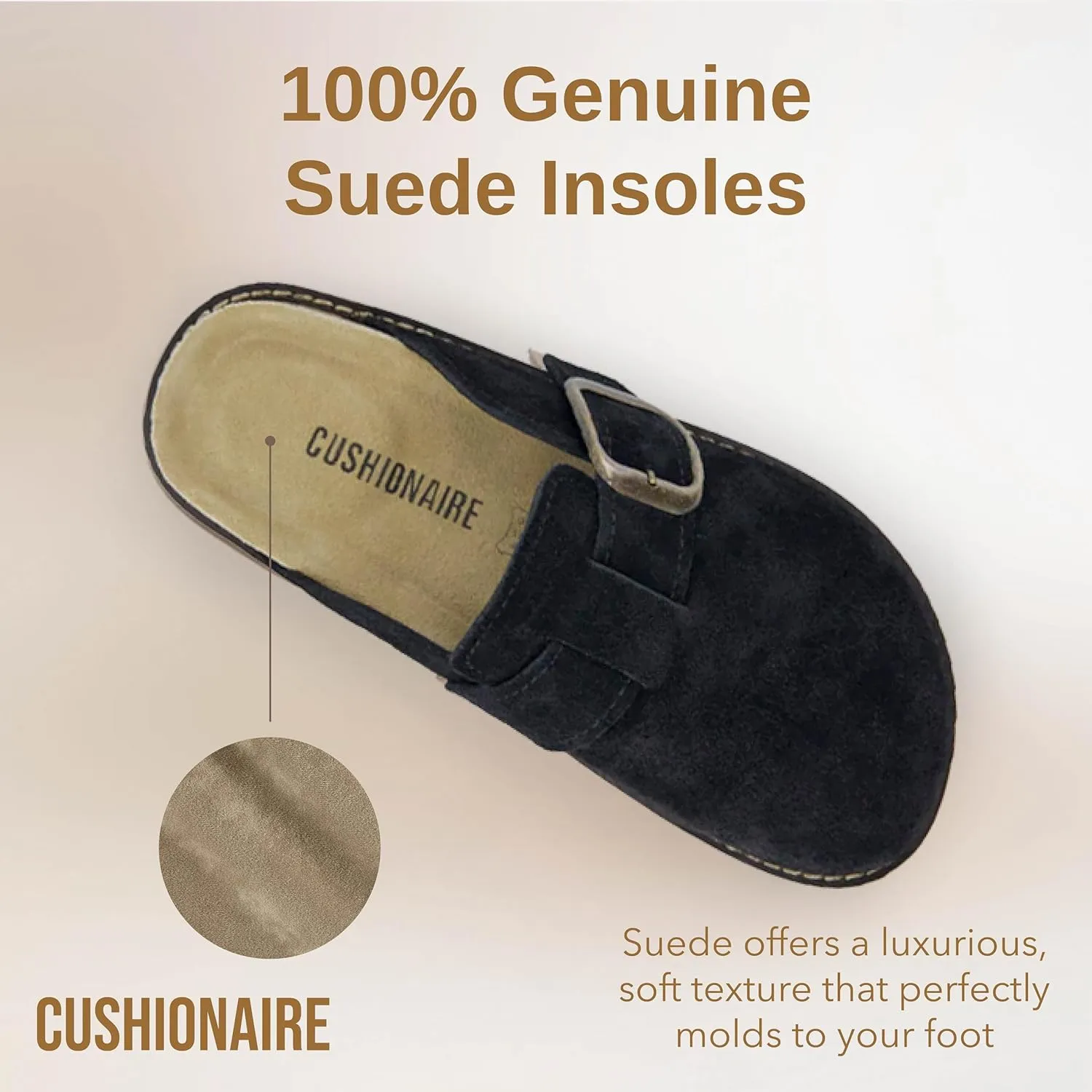 CUSHIONAIRE Women's Blain Genuine Suede Slip-On Clogs with   Memory Foam & Chic Buckle Mule - Comfortable, Non-Slip, Wide Widths Available