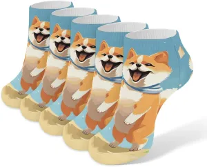 Cute Shiba Inu Ankle Socks for Men & Women, 5 Pairs Breathable Soft Low Cut Socks, Stretch Sweat Wicking Sox