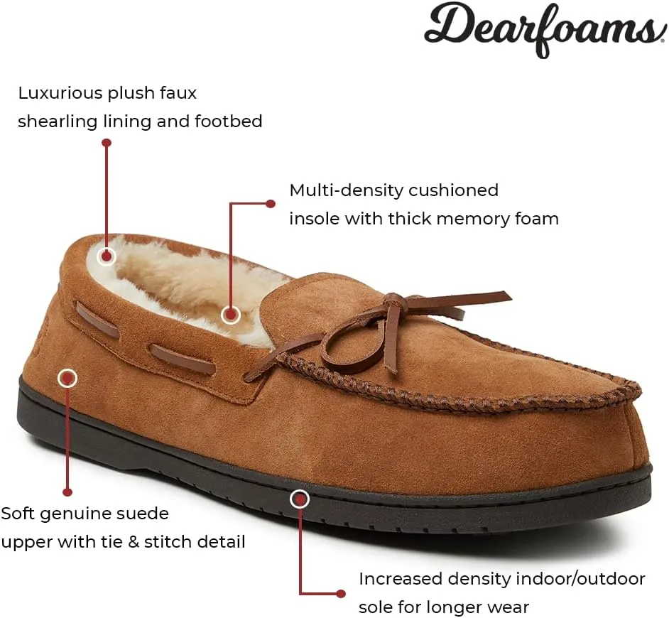 Dearfoams Men's Suede Slip on Moccasin Indoor Outdoor Memory Foam Hudson House Slippers