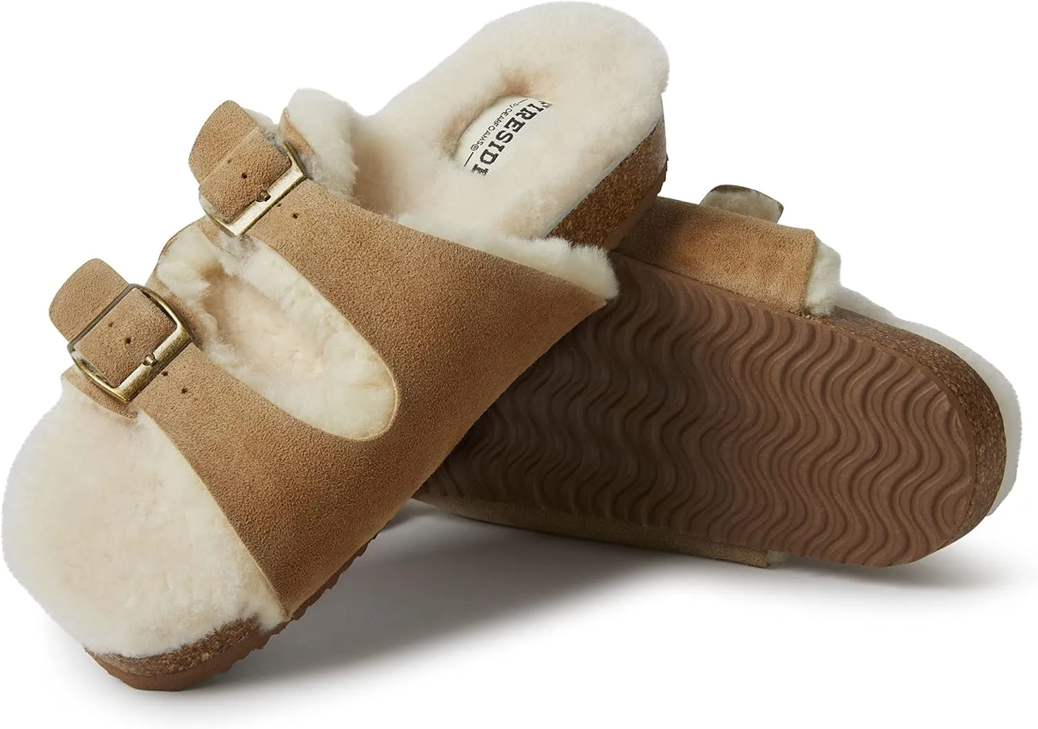 Dearfoams Women's Fireside Tamworth Shearling Slide Sandal with Cork Footbed and Adjustable Buckles