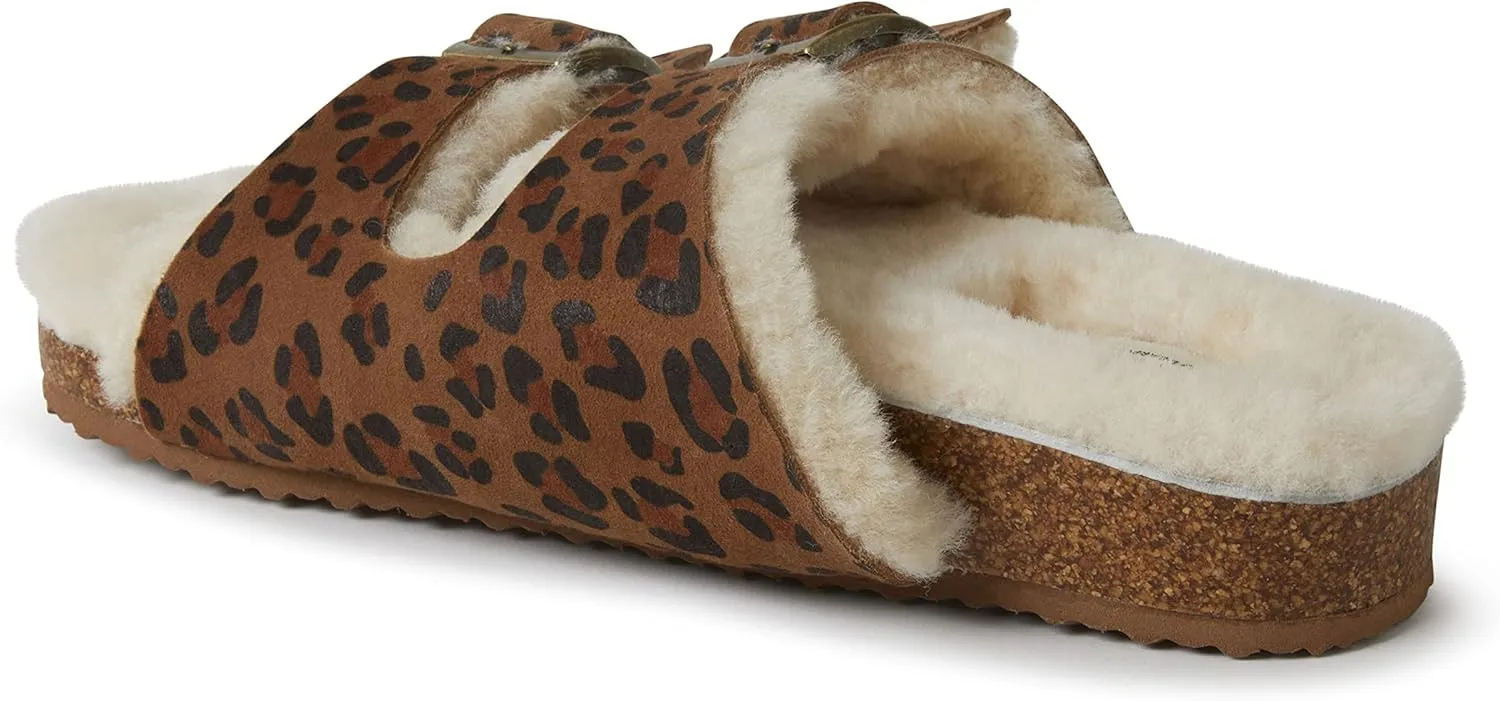 Dearfoams Women's Fireside Tamworth Shearling Slide Sandal with Cork Footbed and Adjustable Buckles