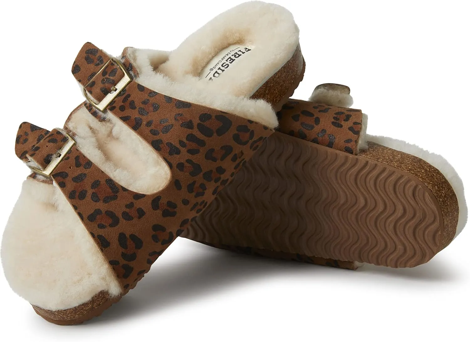 Dearfoams Women's Fireside Tamworth Shearling Slide Sandal with Cork Footbed and Adjustable Buckles
