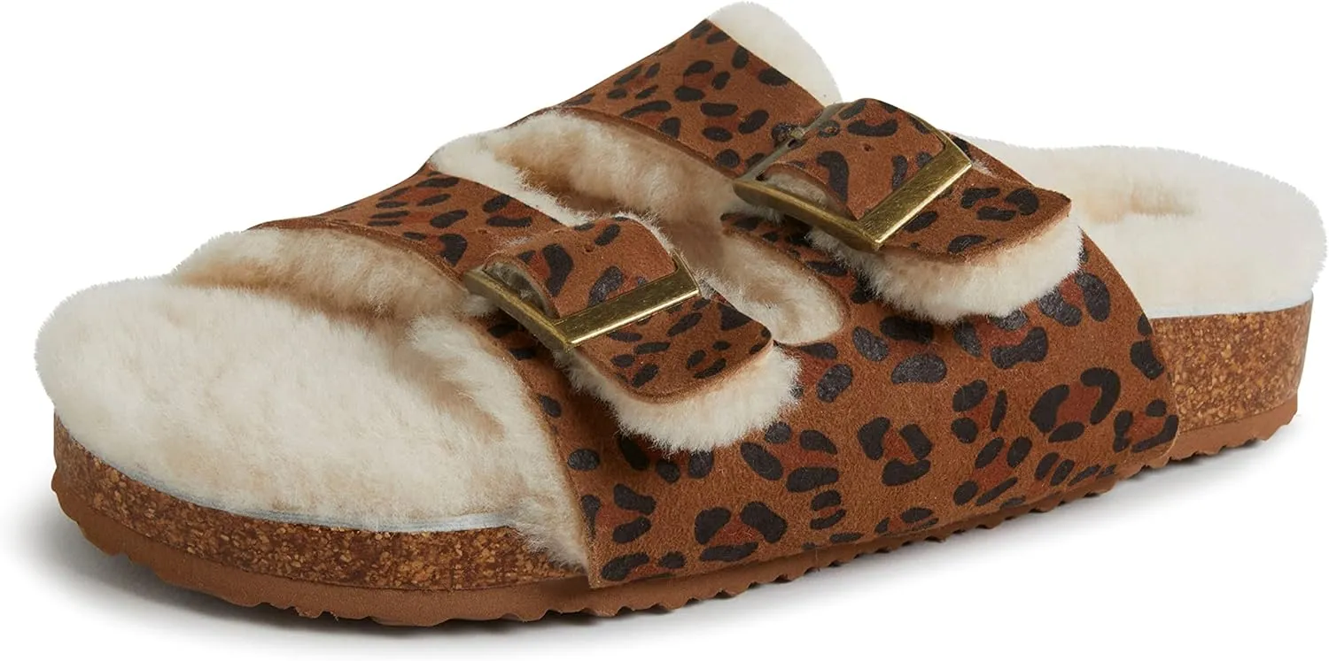 Dearfoams Women's Fireside Tamworth Shearling Slide Sandal with Cork Footbed and Adjustable Buckles