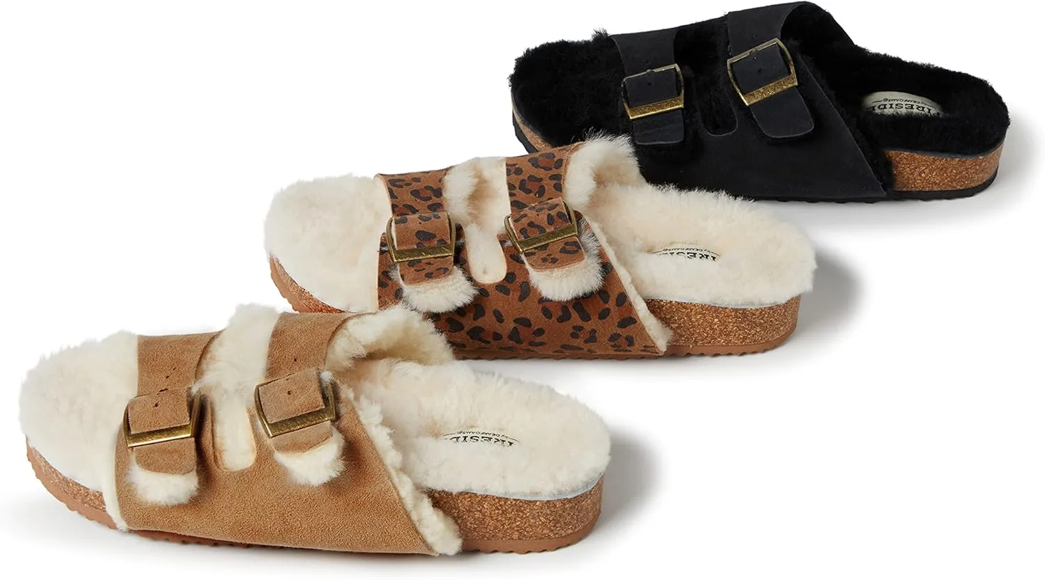 Dearfoams Women's Fireside Tamworth Shearling Slide Sandal with Cork Footbed and Adjustable Buckles