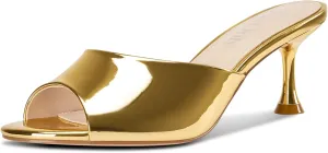 DearOnly Womens Open Toe Low Kitten Heel Sandals Slip-on Stiletto Mules Patent Leather Prom Dress Shoes 2.6 Inches Heels