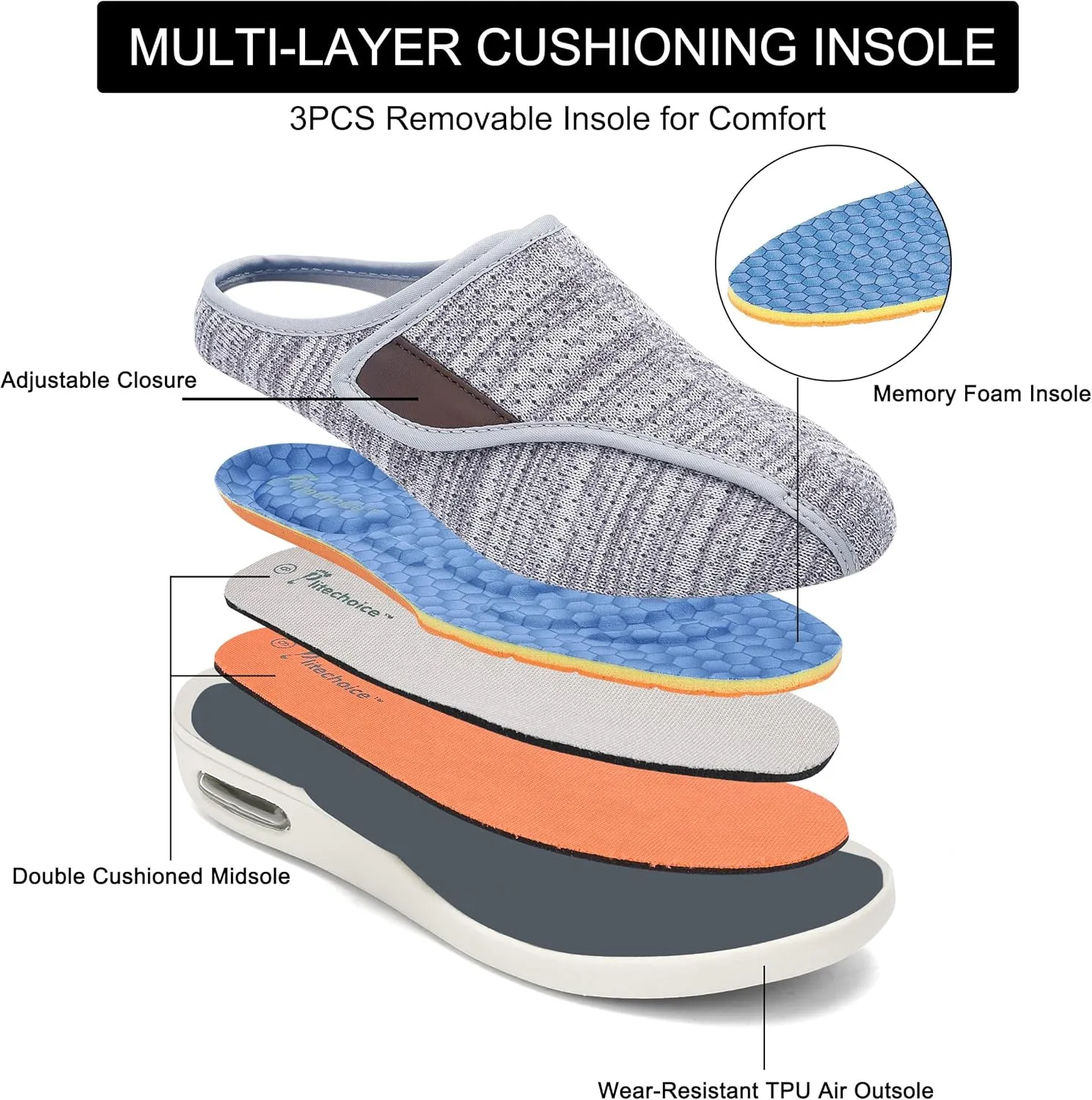 Diabetic Slippers For Women, Women's Wide Width Elderly Shoes, Adjustable Closure Lightweight Breathable, Swollen Feet Fasciitis Edema Walking Shoes