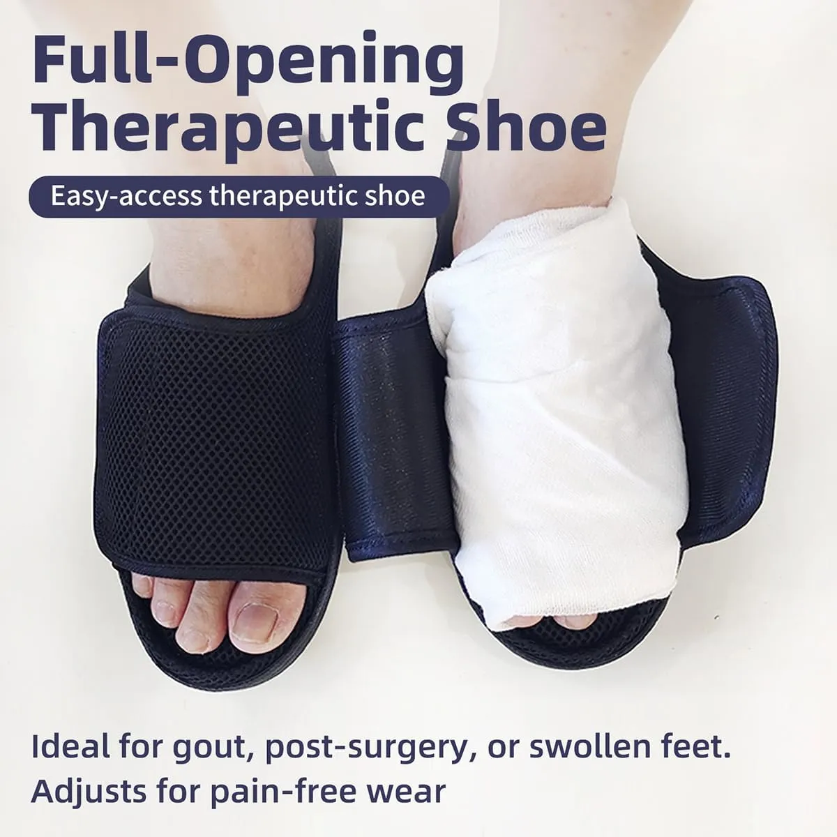 Diabetic Wide Width Slippers - Adjustable Breathable Non-Slip Indoor Outdoor Sole Unisex Men Women Open Toe Orthopedic Shoes for Swelling Bunions Injury Recovery (Men8.5-9/Women10-10.5,Black)