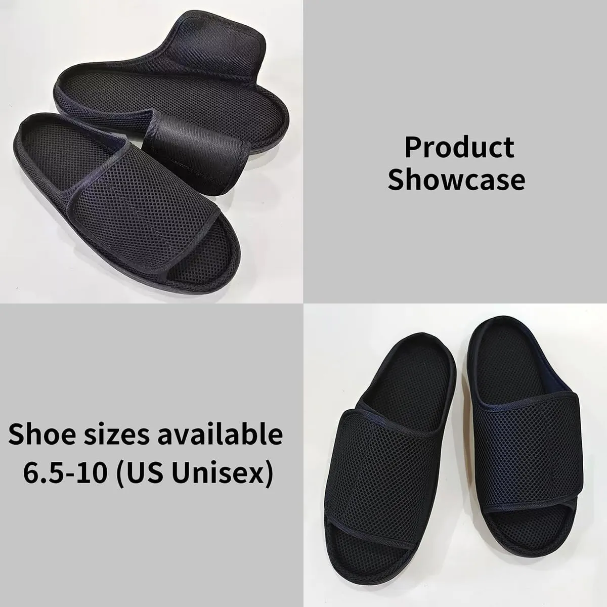 Diabetic Wide Width Slippers - Adjustable Breathable Non-Slip Indoor Outdoor Sole Unisex Men Women Open Toe Orthopedic Shoes for Swelling Bunions Injury Recovery (Men8.5-9/Women10-10.5,Black)