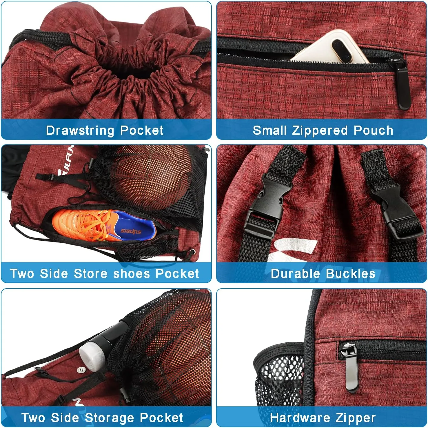 Drawstring Basketball Backpack Sports Gym Bag With Shoe Compartment and Two Water Bottle Holder