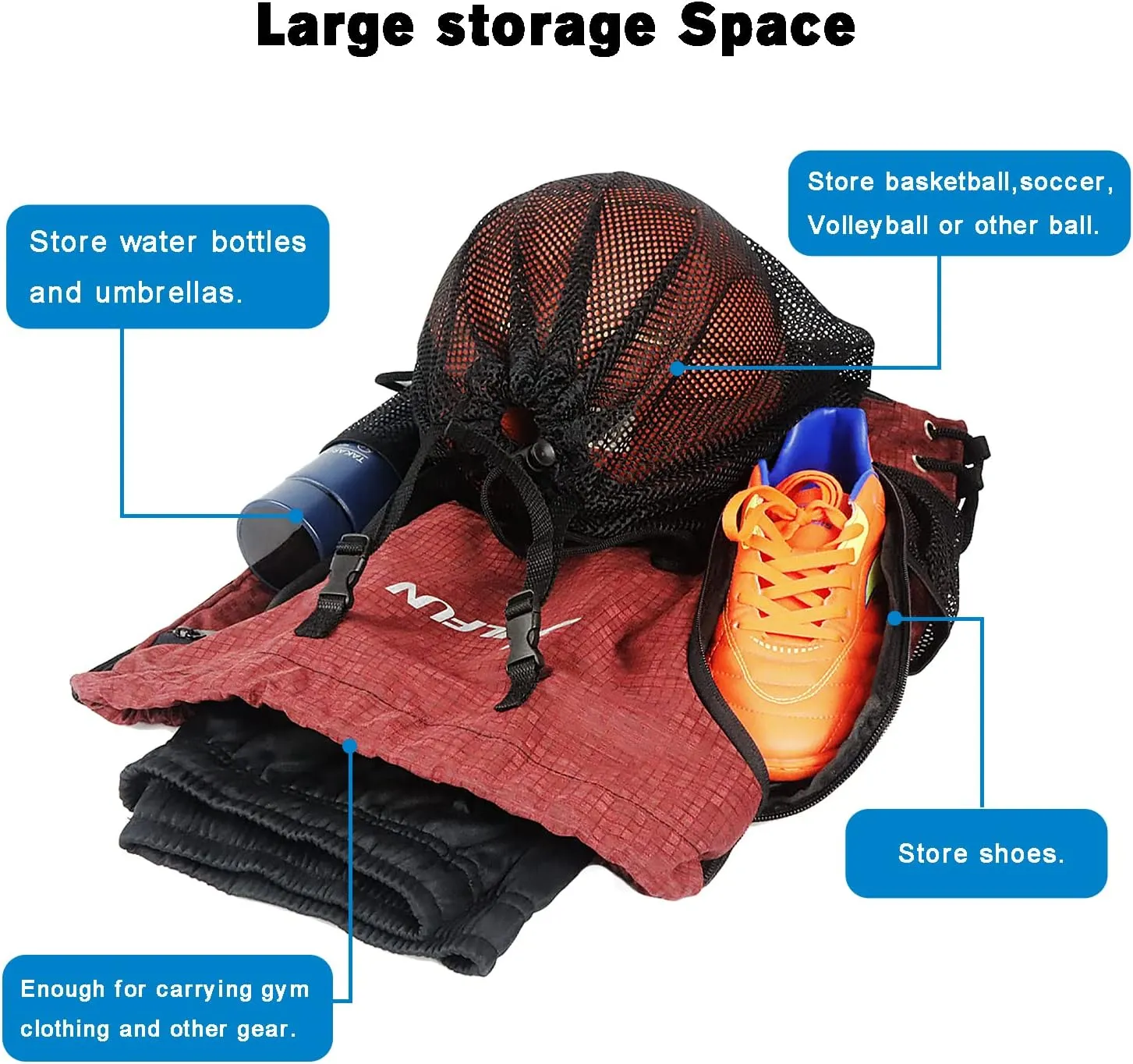 Drawstring Basketball Backpack Sports Gym Bag With Shoe Compartment and Two Water Bottle Holder