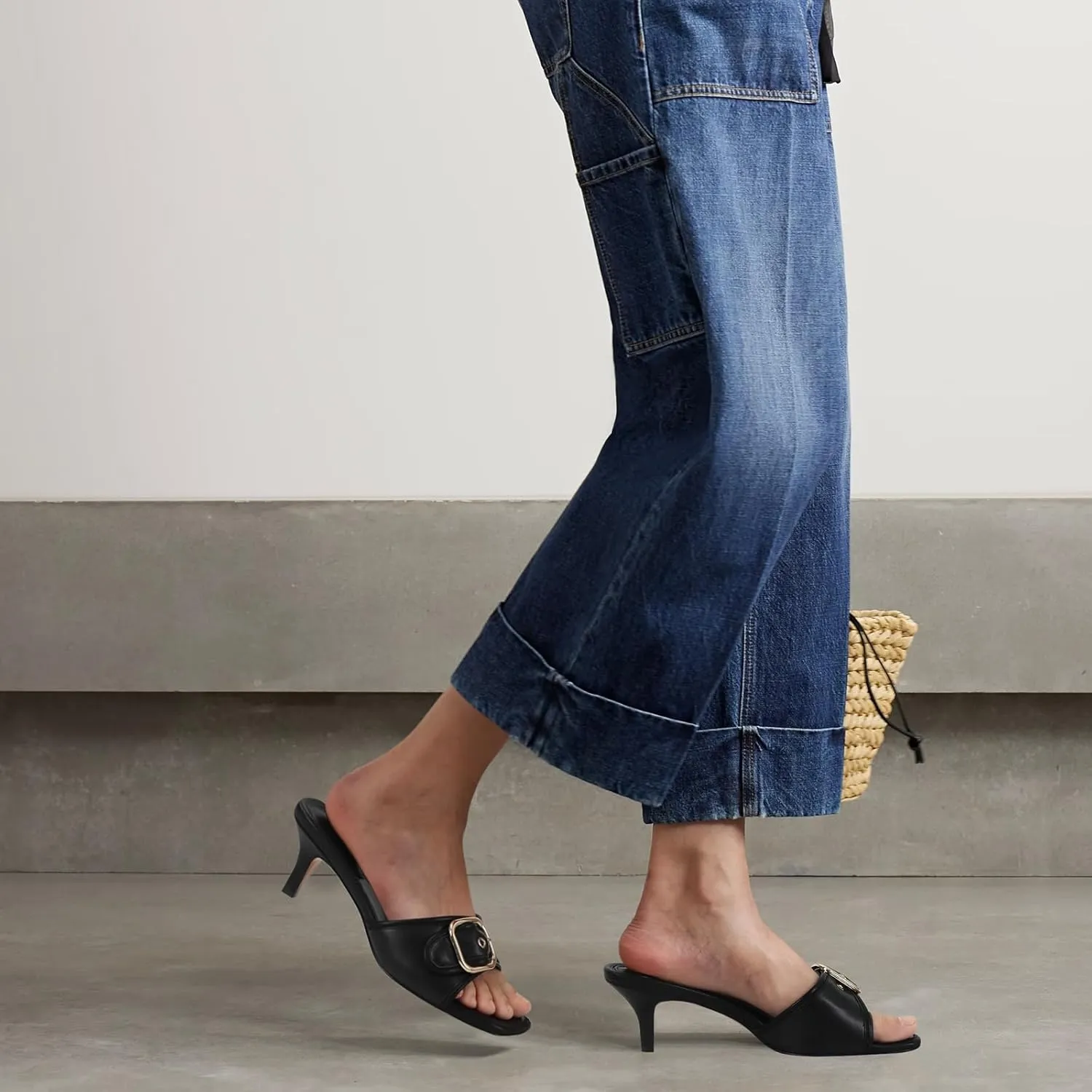 Dsevht Black Kitten Heel Sandals Stiletto Low Heels Slip On Slides Mule Sandal Square Open Toe Dress Shoes for Women