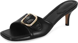 Dsevht Black Kitten Heel Sandals Stiletto Low Heels Slip On Slides Mule Sandal Square Open Toe Dress Shoes for Women