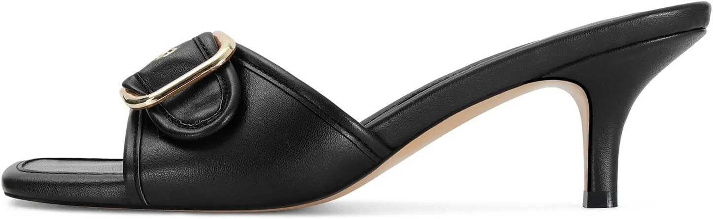 Dsevht Black Kitten Heel Sandals Stiletto Low Heels Slip On Slides Mule Sandal Square Open Toe Dress Shoes for Women
