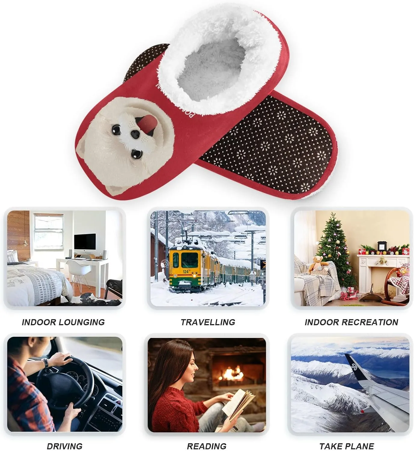Dussdil Pomeranian Puppy Home Winter Slippers White Dog Spa Travel House Slipper Soft Memory Foam Slipper Non Slip for Women Men Hotel Bedroom Shoes Slippers M