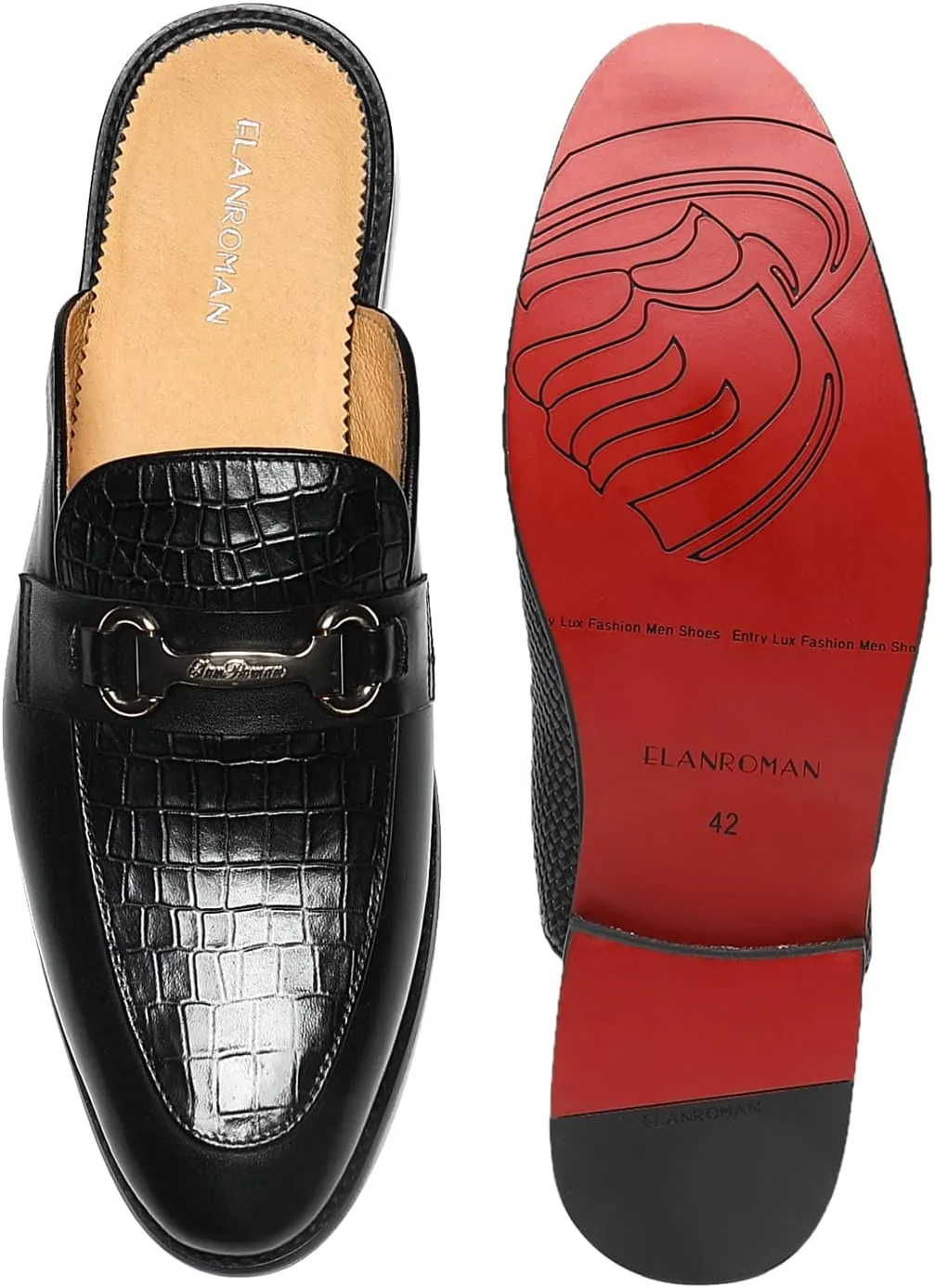 ELANROMAN Men's Backless Loafers Black Genuine Leather Mules Slippers Slip on Shoes