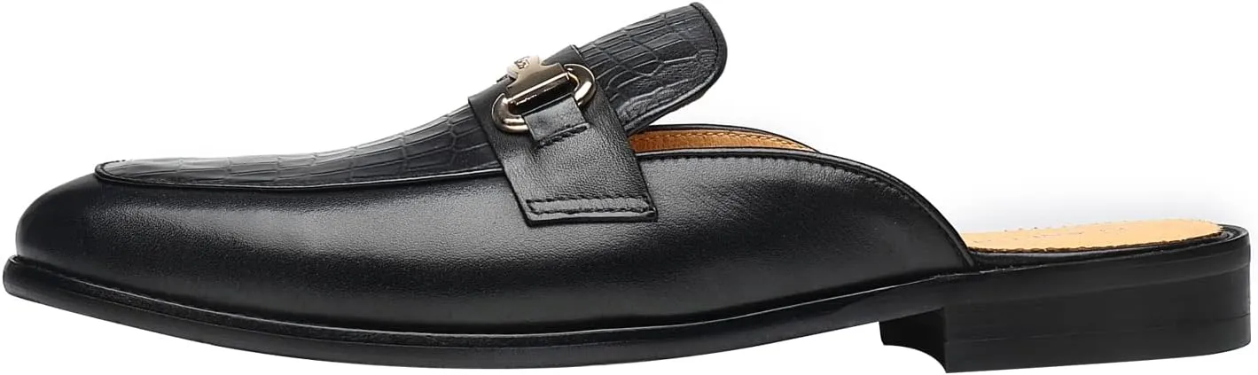 ELANROMAN Men's Backless Loafers Black Genuine Leather Mules Slippers Slip on Shoes