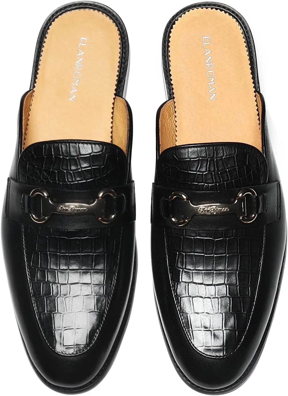 ELANROMAN Men's Backless Loafers Black Genuine Leather Mules Slippers Slip on Shoes