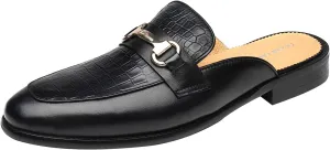 ELANROMAN Men's Backless Loafers Black Genuine Leather Mules Slippers Slip on Shoes