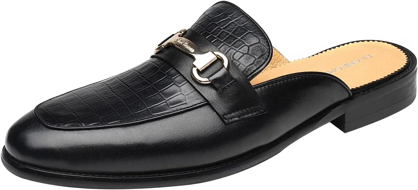 ELANROMAN Men's Backless Loafers Black Genuine Leather Mules Slippers Slip on Shoes