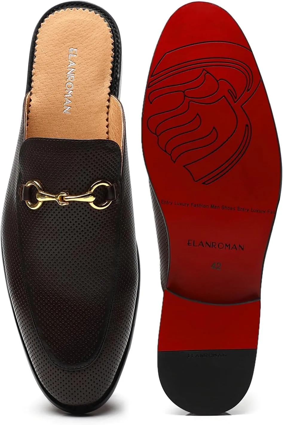 ELANROMAN Men's Loafers Backless Genuine Leather Mules Horse Buckle Shoes
