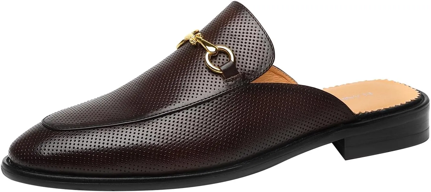 ELANROMAN Men's Loafers Backless Genuine Leather Mules Horse Buckle Shoes