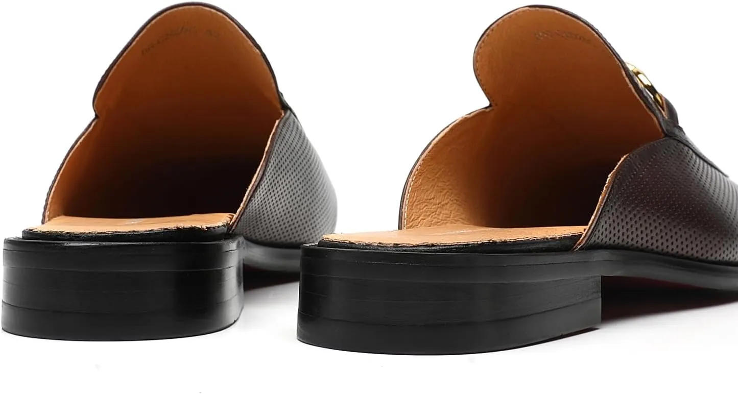ELANROMAN Men's Loafers Backless Genuine Leather Mules Horse Buckle Shoes