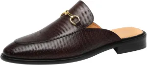 ELANROMAN Men's Loafers Backless Genuine Leather Mules Horse Buckle Shoes