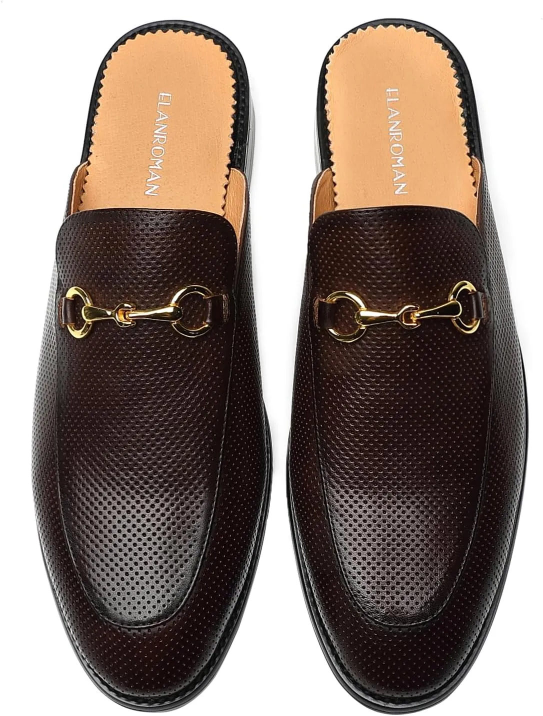 ELANROMAN Men's Loafers Backless Genuine Leather Mules Horse Buckle Shoes