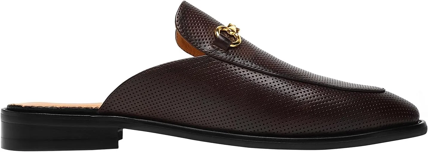 ELANROMAN Men's Loafers Backless Genuine Leather Mules Horse Buckle Shoes