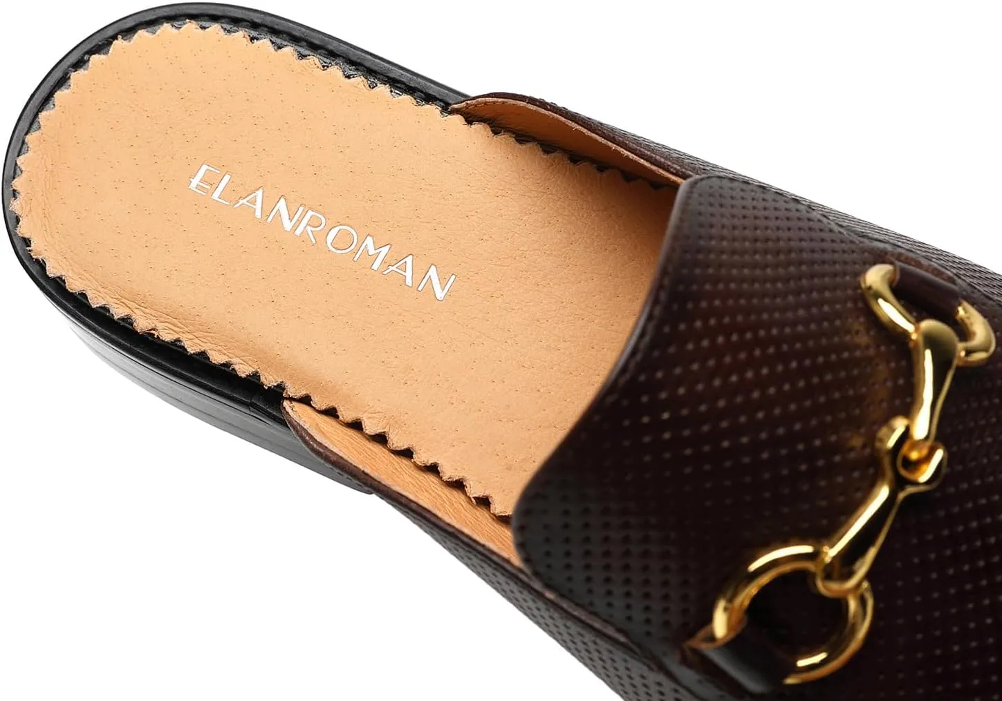 ELANROMAN Men's Loafers Backless Genuine Leather Mules Horse Buckle Shoes